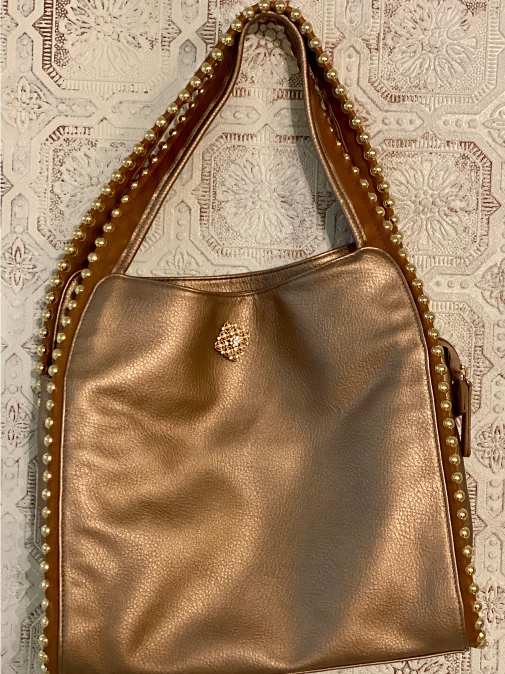 Pearl-Trim Metallic Shoulder Bag in Gold Tone